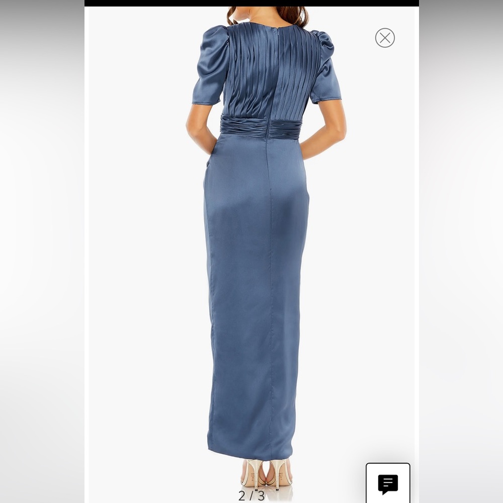 Mac Duggal Midnight Blue Satin Pleated Maxi Dress with High Slit - Picture 3 of 9